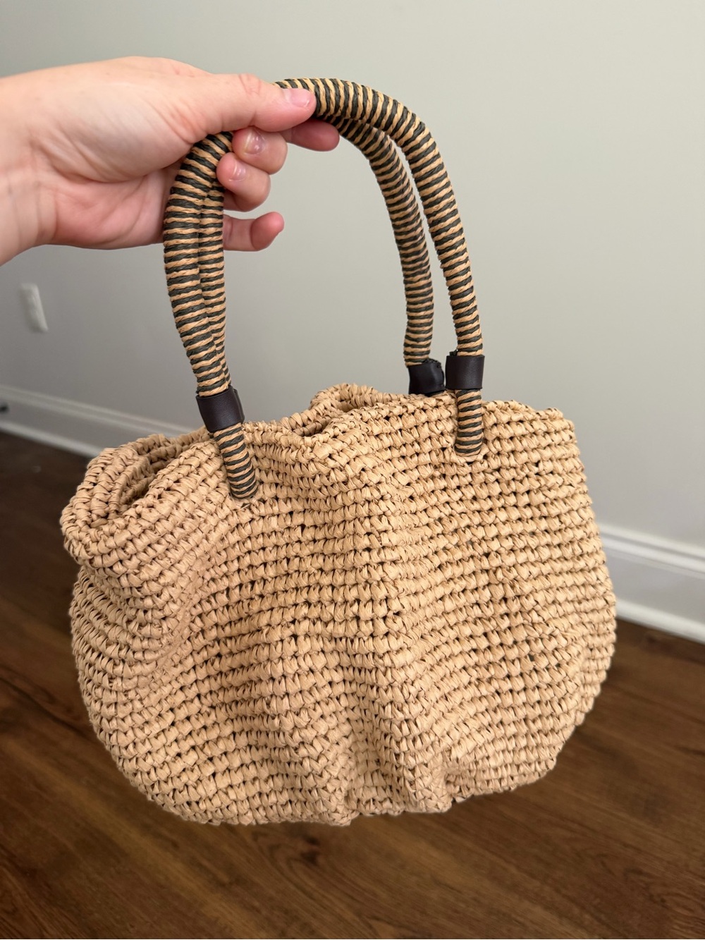 Zara Handwoven Straw Tote Bag with Striped Handles - Beige